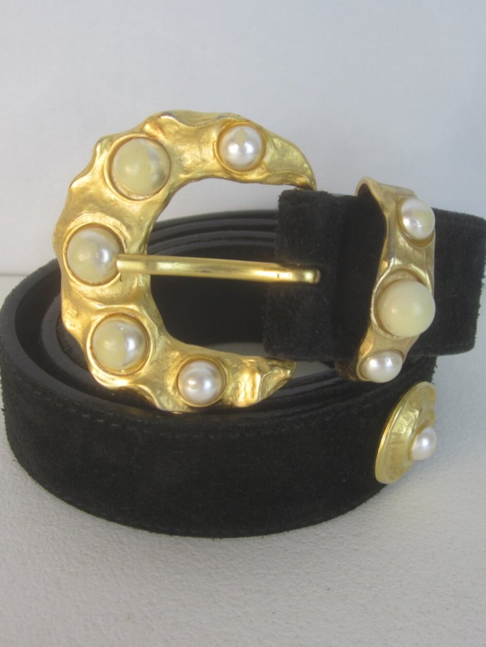 Vtg Immmagine Moda Belt Women M - L Black Suede Pearls Gold Buckle 29 - 33 Italy